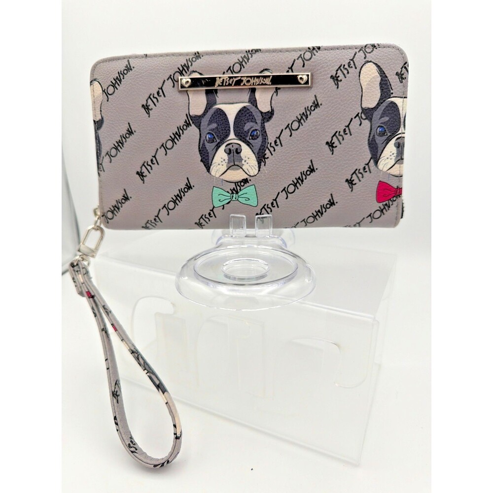 Betsey Johnson Gray Dog Print Zip Around Wallet Wristlet Terrier